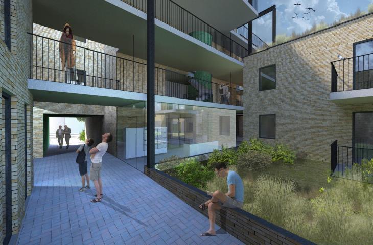 zicht passerelles en hoofdinkom appartementen